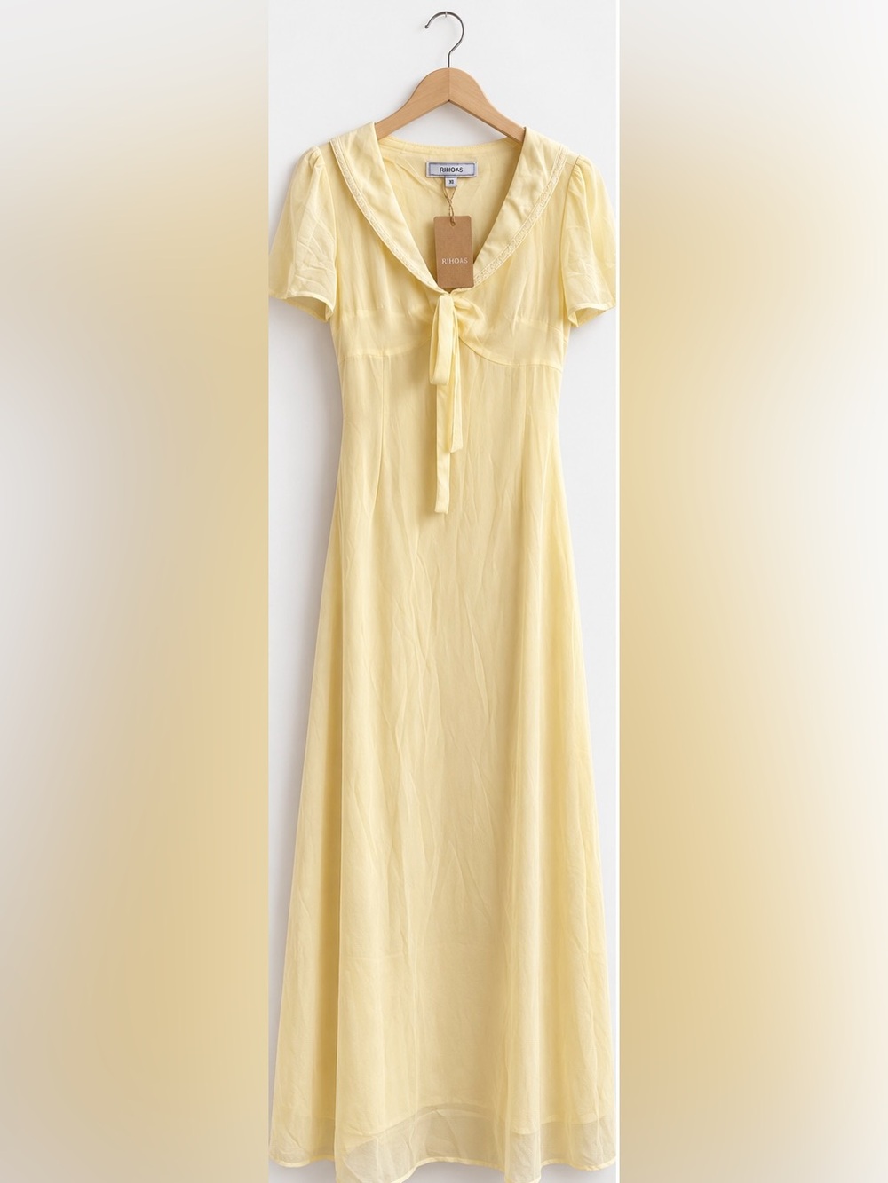 RIHOAS Soft Yellow Tie-Neck Maxi Dress
